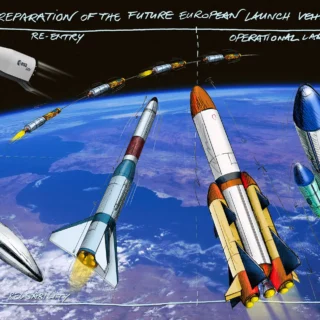 Koncepty nosných raket budoucnosti podle podle představ konstrukční kanceláře ESA, CNES a DLR. Obrázek: ESA, C. VIJOUX